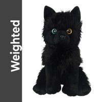 A black plush toy dog with large, round eyes and a fluffy, furry appearance.