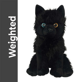 A black plush toy dog with large, round eyes and a fluffy, furry appearance.