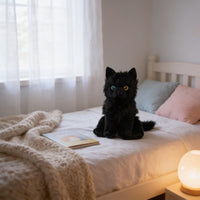 A black stuffed cat toy sits on a bed next to a book, with a lamp on a nightstand to the right.