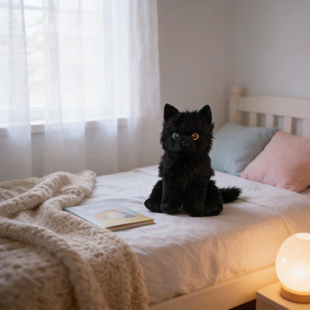 A black stuffed cat toy sits on a bed next to a book, with a lamp on a nightstand to the right.