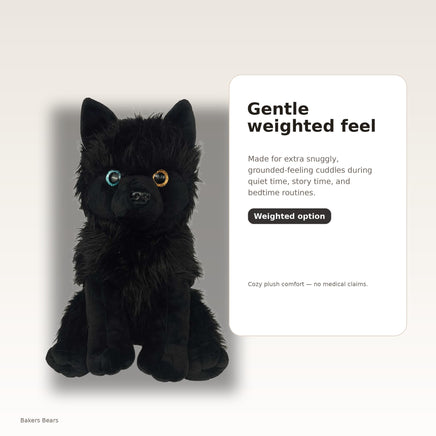 A black plush stuffed animal bear with large eyes and a cozy appearance, sitting against a white background.