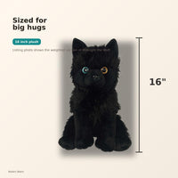 The image is a 16-inch plush toy of a wolf, with a black color and a fluffy texture.