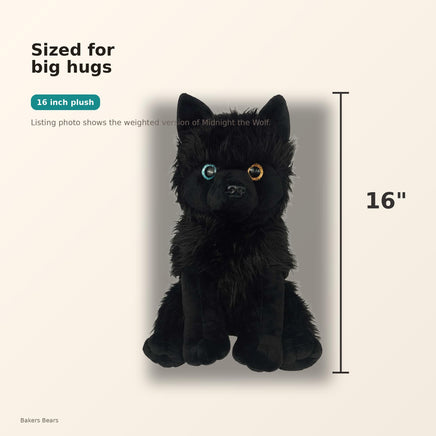 The image is a 16-inch plush toy of a wolf, with a black color and a fluffy texture.