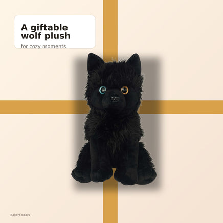 A plush black wolf toy is sitting on a yellow diagonal line against a beige background.