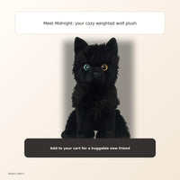 A plush toy of a black wolf with blue eyes is sitting on a shelf.