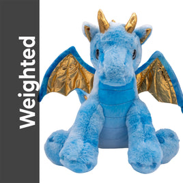 A plush toy of a blue dragon with gold accents, sitting on a white background.