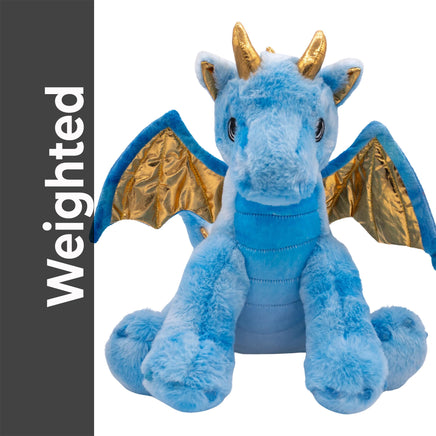 A plush toy of a blue dragon with gold accents, sitting on a white background.