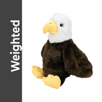 A stuffed toy eagle with a white head and brown body, sitting on a white background.