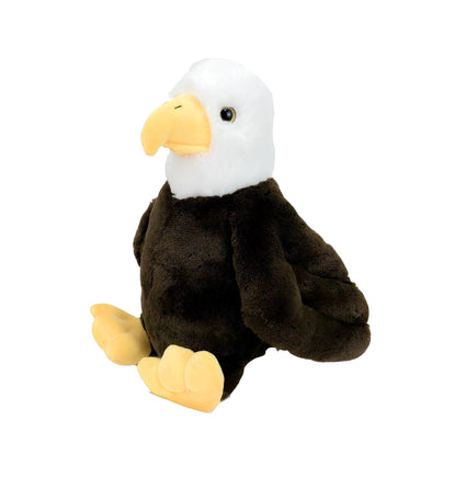 A stuffed toy eagle sitting on a white background.