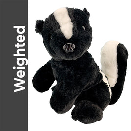 A plush toy of a skunk, with a black and white color scheme, is shown against a white background.