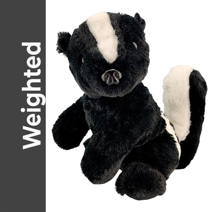 A plush toy of a skunk, with a black and white color scheme, is shown against a white background.