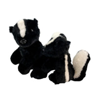 A plush toy of a skunk is shown in the image.