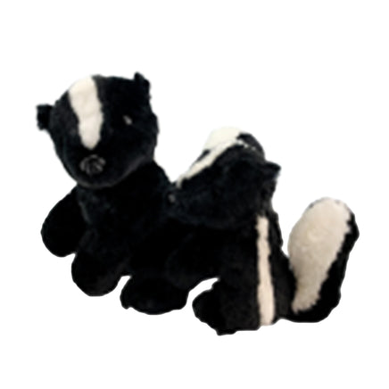 A plush toy of a skunk is shown in the image.