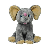 A gray stuffed elephant toy with large ears and a pink nose sits on a white background.