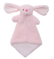 A pink plush bunny toy with large ears and a pink nose.