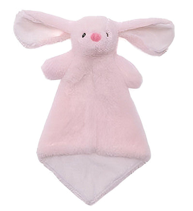 A pink plush bunny toy with large ears and a pink nose.