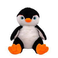 A stuffed penguin toy with a black and white body, orange feet, and blue eyes.