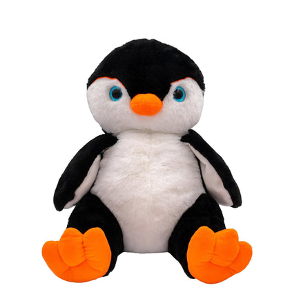 A stuffed penguin toy with a black and white body, orange feet, and blue eyes.