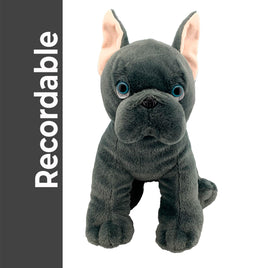 A plush toy of a black dog with large blue eyes and pink ears.