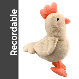 A plush toy of a chicken with a red comb and feet.