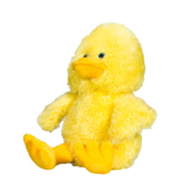 A yellow stuffed duck toy sitting on a white background.
