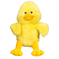 A yellow stuffed duck toy is shown against a white background.
