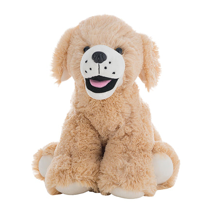 A light brown stuffed dog toy with a black nose and a big, happy smile.