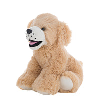 A light brown stuffed dog toy with a white face and black spots is sitting on a white background.