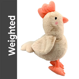 A stuffed toy chicken with orange feet and a red hat.