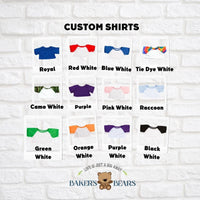 The image is a collage of 12 different custom shirts, each with a unique color and design, displayed against a white brick wall.