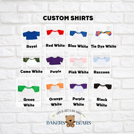 The image is a collage of 12 different custom shirts, each with a unique color and design, displayed against a white brick wall.
