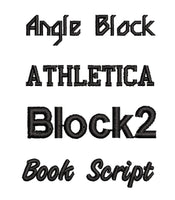 four different black embroidered text designs, including "Angle Block", "Athletica Block", "Block2", and "Book Script".