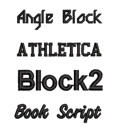 four different black embroidered text designs, including "Angle Block", "Athletica Block", "Block2", and "Book Script".