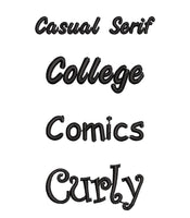 four different black text styles that appear to be related to casual serif, college, comics, and curly writing.