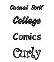 four different black text styles that appear to be related to casual serif, college, comics, and curly writing.