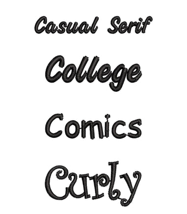four different black text styles that appear to be related to casual serif, college, comics, and curly writing.