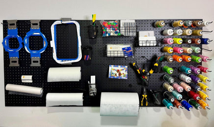 A pegboard wall display with various sewing and crafting supplies, including spools of thread, scissors, needles, and other tools.