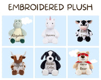 Embroidered plush toys of alligator, unicorn, baby cow, dog, border collie, and hero bear are displayed against a light blue background.
