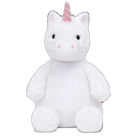 A white plush unicorn toy with a pink horn and tail.