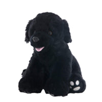 A black dog stuffed animal sitting on a white background.