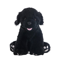A black Labrador retriever stuffed animal sitting on a white background.