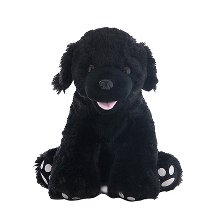 A black Labrador retriever stuffed animal sitting on a white background.