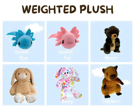 The image is a collage of six stuffed animal plush toys, each with a different color and animal design, arranged in a grid format.