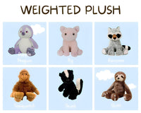 Weighted plush toys of various animals, including a purple penguin, pink pig, gray raccoon, brown sloth, and black skunk, arranged in a grid.