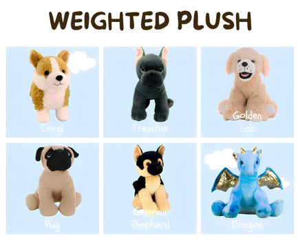 six stuffed animals, each with a different name and description, arranged in a grid format.