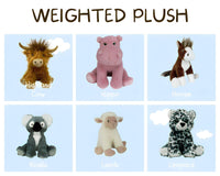 The image is a collage of six stuffed animal plush toys, each representing a different animal: a Highland cow, a pink hippo, a brown horse, a gray koala, a white lamb, and a leopard.