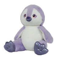 A purple stuffed penguin toy with large eyes and a small pink nose sits on a white background.
