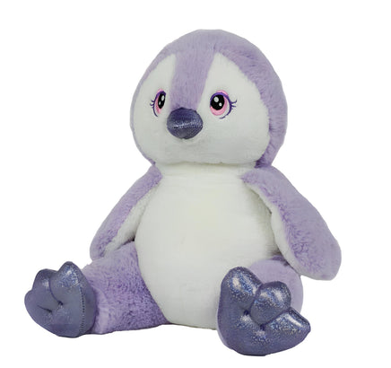 A purple stuffed penguin toy with large eyes and a small pink nose sits on a white background.
