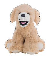 A stuffed dog toy with a smiling expression.