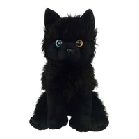A black plush toy dog with large, round eyes and a fluffy, furry appearance.